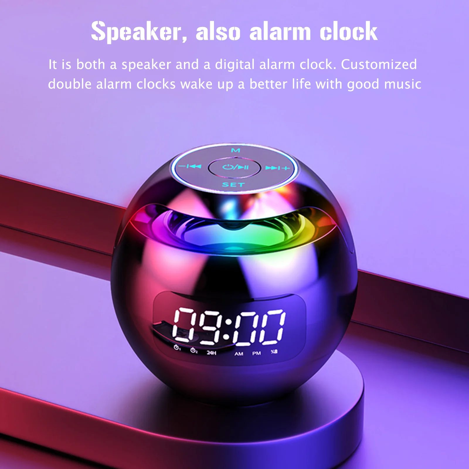 RGB Colorful Bluetooth Compatible with 5.0 Ball Portable Alarm Clock with LED Display Wake Up Clock Christmas Gift Home Decor