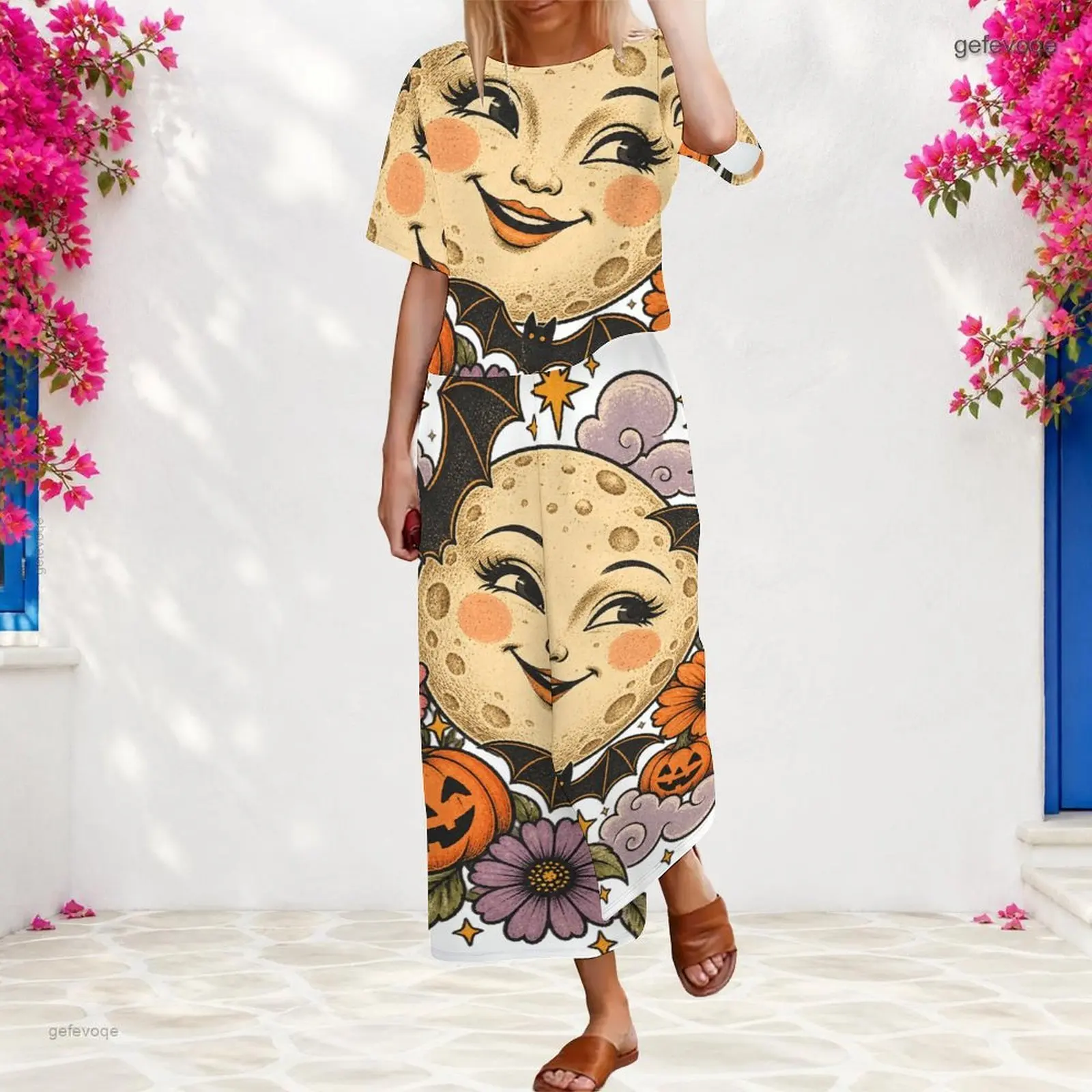 Women 2 Piece Outfit Round Neck Short Sleeve Top With Elastic Waist Wide Leg Pants Set Custom Print Ladies Casual Loungewear
