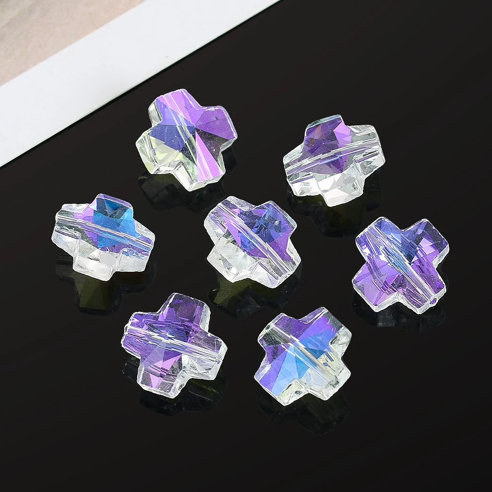 10PC 14MM AB Color Crucifix Cross Glass Crystal Faceted Prism Chandelier Garland Curtain Jewelry Spacer Beads Aurora Sun Catcher