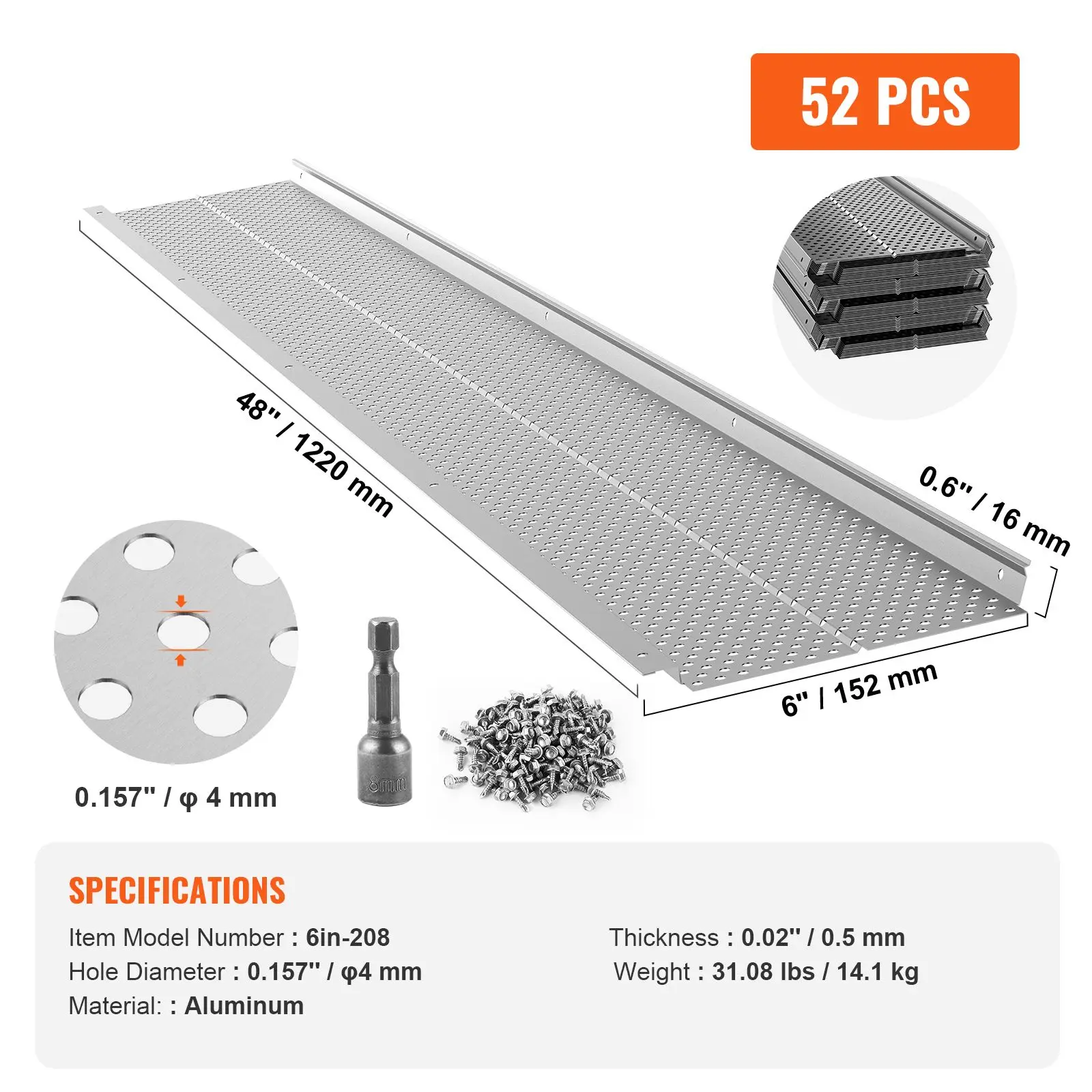 Gutter Guard, 6 inch Width, Aluminum Leaf Filter DIY Gutter Cover, 52 PCS 208 ft Total Length, 0.157'' Hole Diameter & 0.02'' Thick Raptor Gutter Guards Fits Any Roof or Gutter Type