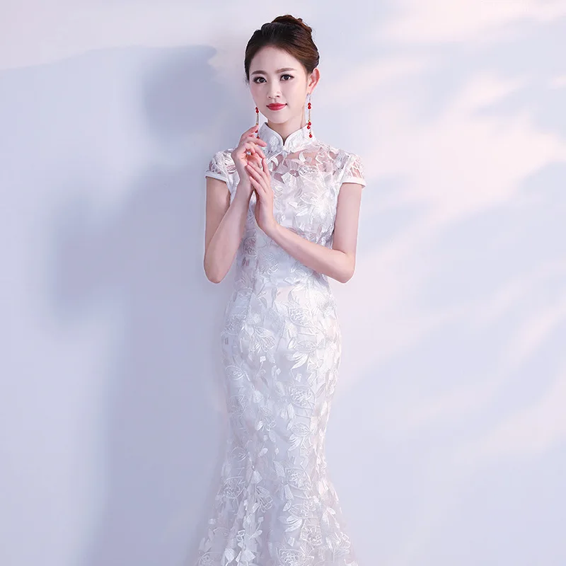 White Women Elegant Mandarin Collar Bridal Wedding Dress Sexy Slim Lace Novelty Cheongsam Exquisite Mermaid Trim Long Qipao