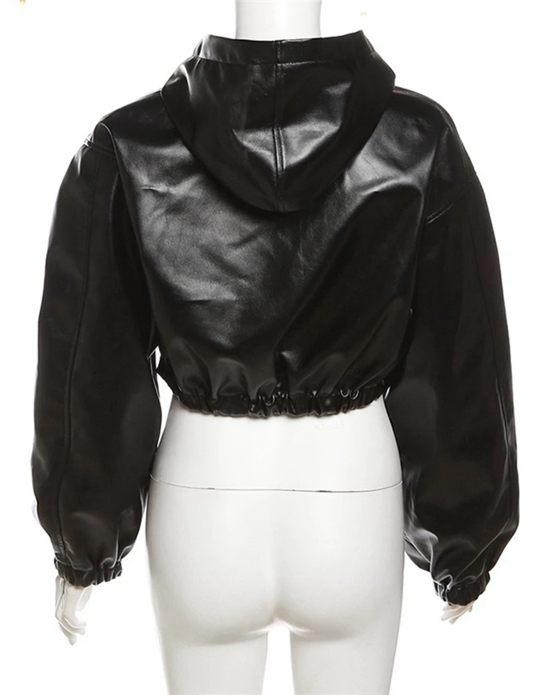 Women's Hooded Pu Leather Zipper Front Pilot Jacket Casual Black Coat Long Sleeve Short Jackets Autumn Winter Outwear