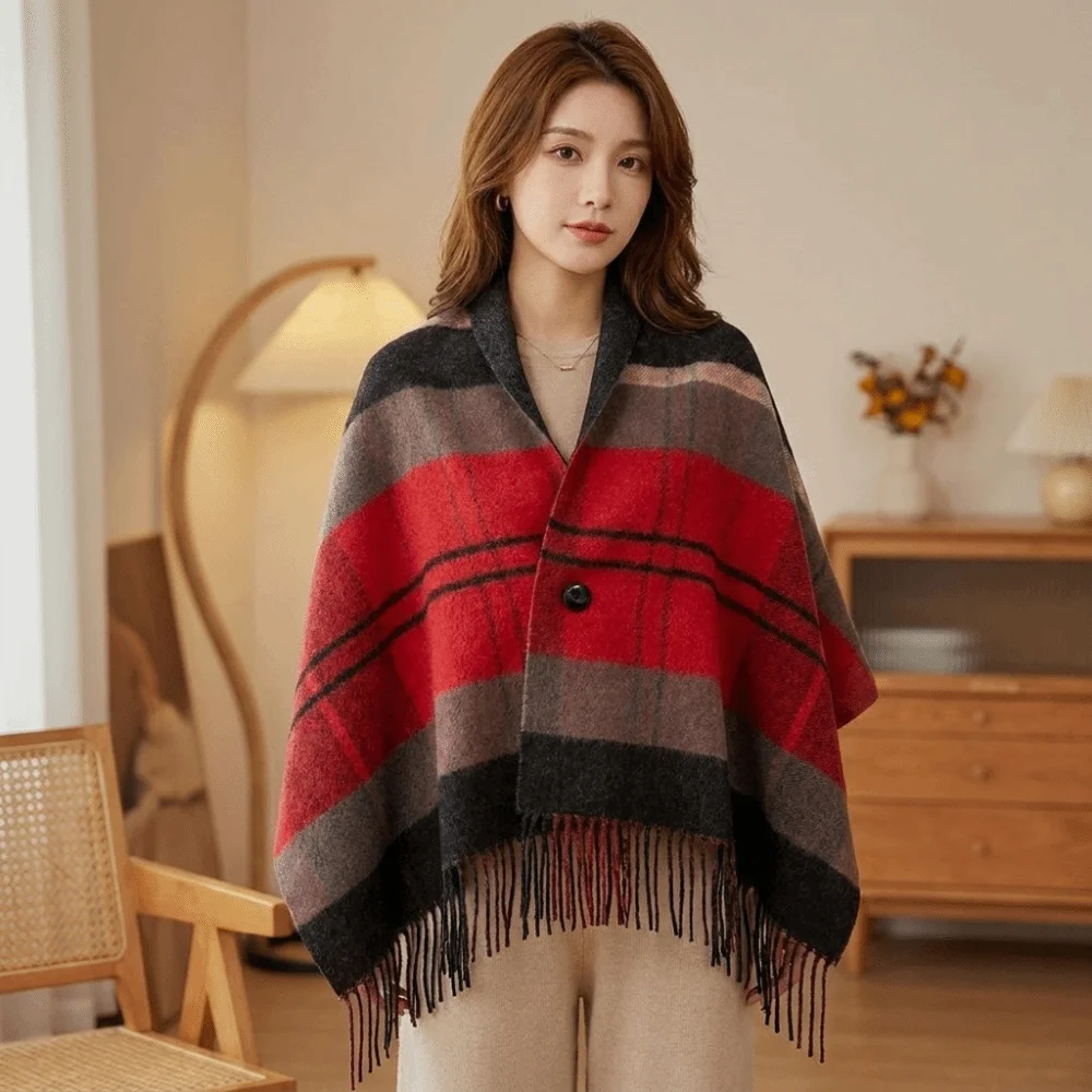 Multi-Functional Double‑Sided Plaid Poncho Shawl Faux Wool Thick Knit Blanket Shawl Button Closure Tassel Trim