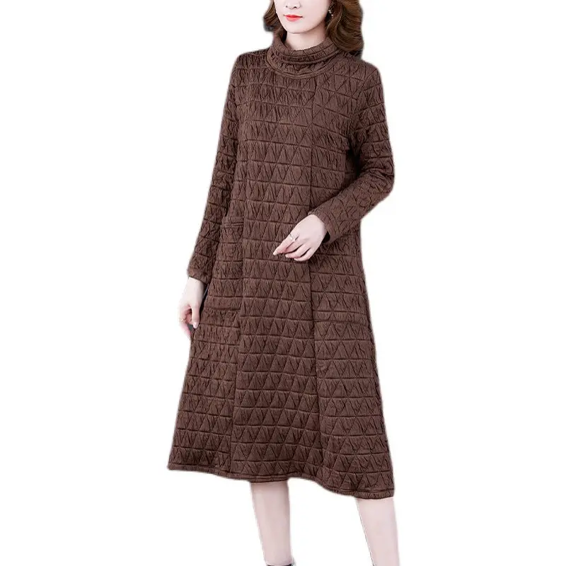 Rhombic Cotton Padded Dress Autumn And Winter Long Sleeve Large Size Medium Length Fashionable Bottomed Dress Quilted Tops T1386