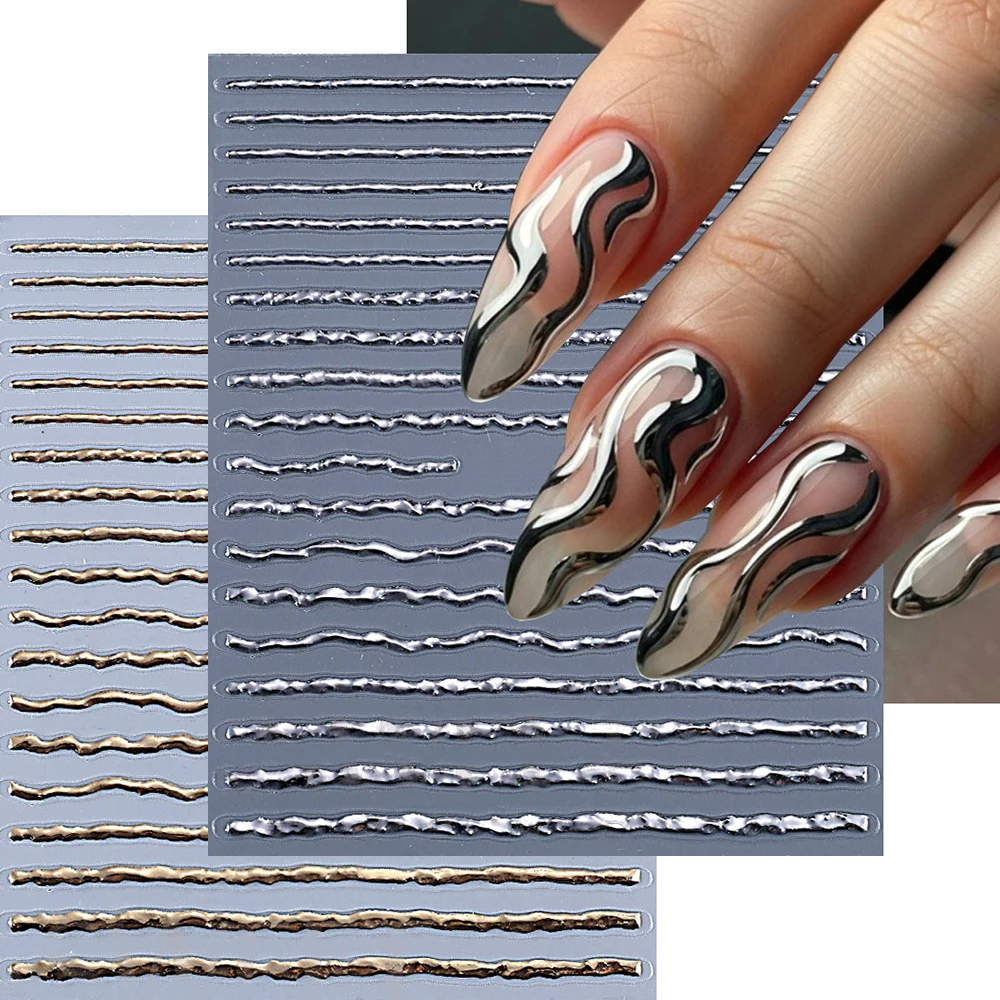 

1/2pcs 5D Metal Silver Gold Line Nail Art Sticker Irregular Hot Stamping Lines Lock Chain French Nail Decals DIY Nail Decoration