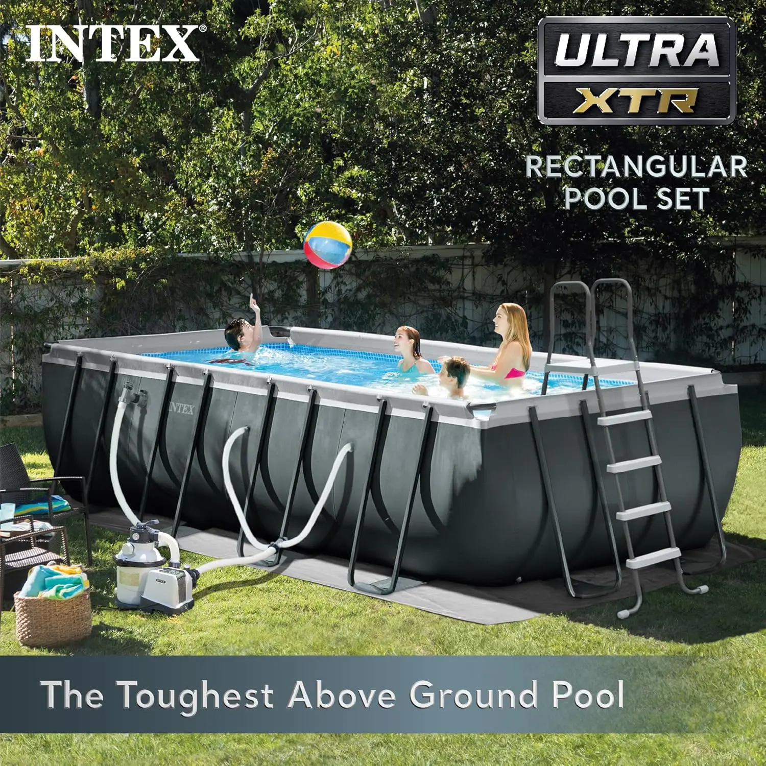 

Intex26355EH Ultra XTR Deluxe Rectangular Above Ground Swimming Pool Set: 18ft x 9ft x 52in – Includes 1500 GPH Sand Filter Pump