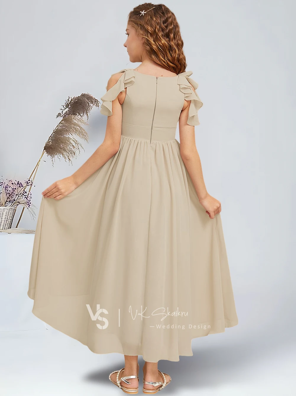 Elegant A-Line Scoop Asymmetrical Chiffon Junior Bridesmaid Dresses Sand Charming Flower Girl Dresses Party Wedding Kids Dance