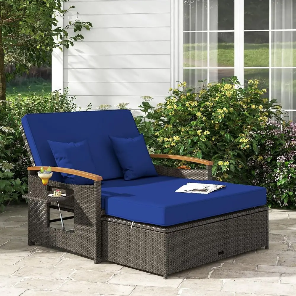 

Double Wicker Daybed with Adjustable Backrest, Ottoman Storage, Cushions, Ideal for Outdoor Spaces