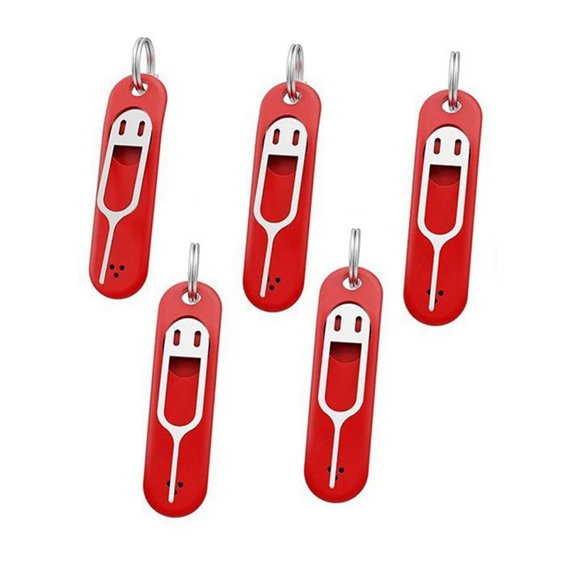 5Pcs SIM Card Removal Needle & Anti-Lost Tray Charm Split Rings Phone SIM Card Storage Case Ejecter Tool Needles Red