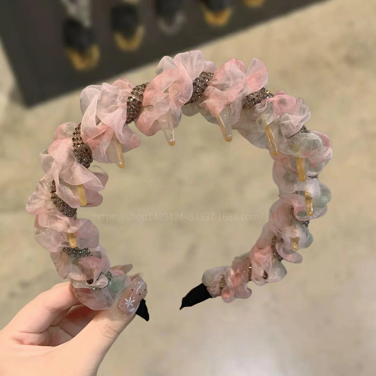 Glitter Tulle Gathered Floral Hairband Women Ombre Purple Pink Mesh With Rhinestone Accent Dreamy Silk Hair Accessory Head Wrap