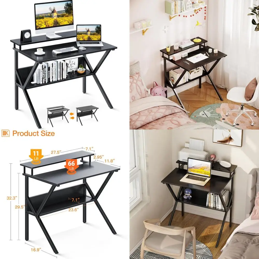 مكتب مدمج مقاس 27.5 بوصة مع مساحة تخزين للمساحات الصغيرة، وطاولة دراسة الكمبيوتر مع حامل شاشة للاستخدام المنزلي والمكاتب #1