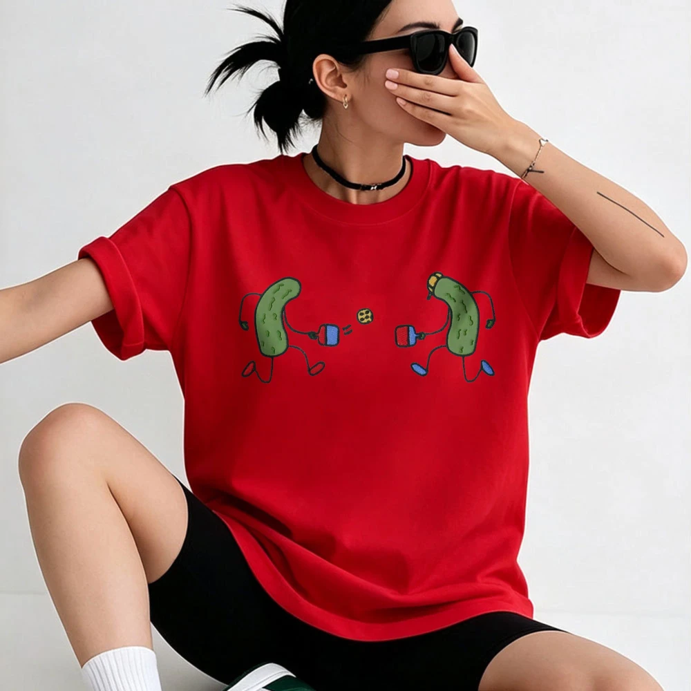 Cute Cartoon Two Pickle Characters Playing Pickleball with Paddles Print Cotton Tshirt Unisex Funny Vegetable Sports Graphic Top