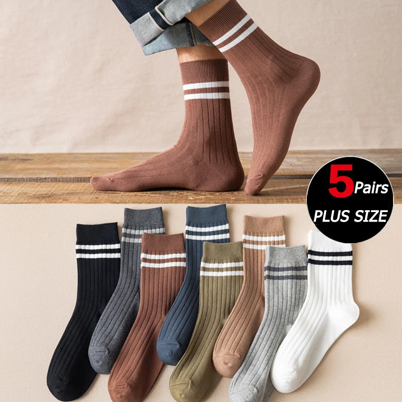 Socks Men's Autumn and Winter New Trend All-match Medium Tube Socks Breathable Vertical Strip Men's Cotton Socks Plus Size37-48