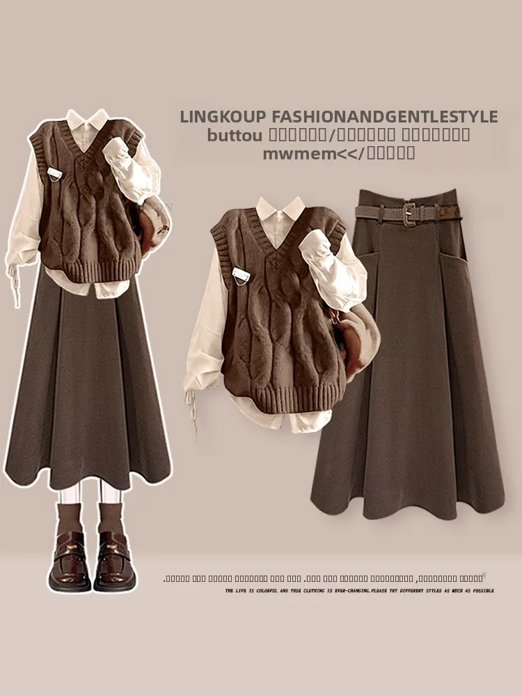 

Retro plus Size Autumn Winter Set Women's Elegant Vest Base Shirt with College Style Versatile Skirt Three Piece Set