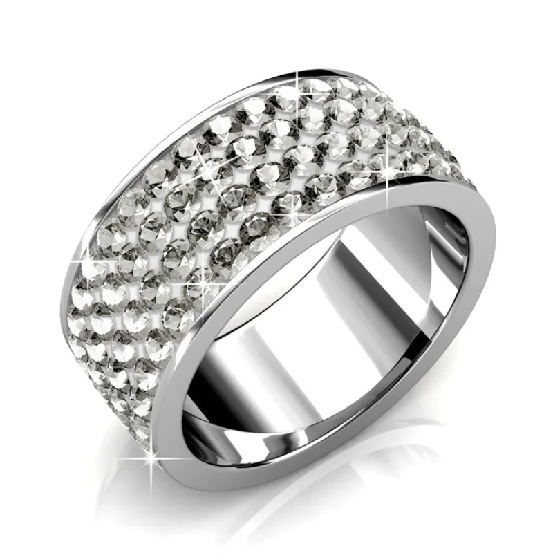 

Daisini Timeless Ring with Swarovski Crystals 4 Rows White Stone Jewelry Quality Stainless Steel with 18K White Gold Plated
