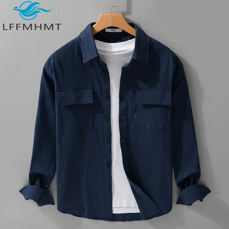

2103 Spring Fashion Men's Cotton Shirt Pleated Texture Solid Color Simple Basic Lapel Bloue Business Casual Dual Pocket Cozy Top