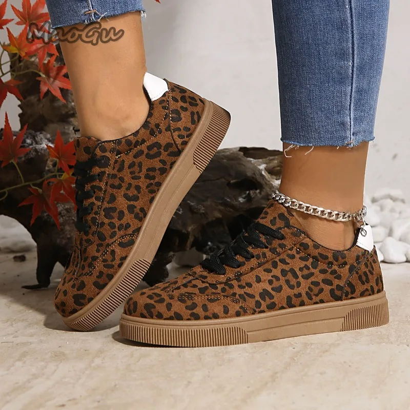 

Brown Leopard Lace-up Women Vulcanize Shoes Spring Autumn Round Toe Fashion Casual Sneakers Comfortable Flat Zapatillas De Mujer