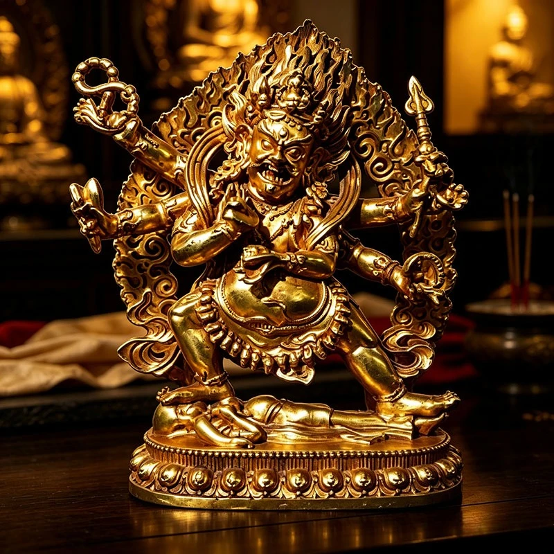 Golden Six Arms Mahakala Buddha Statue Tibetan Black God Copper Sculpture Religious Altar Ornament  Living Room Decoration