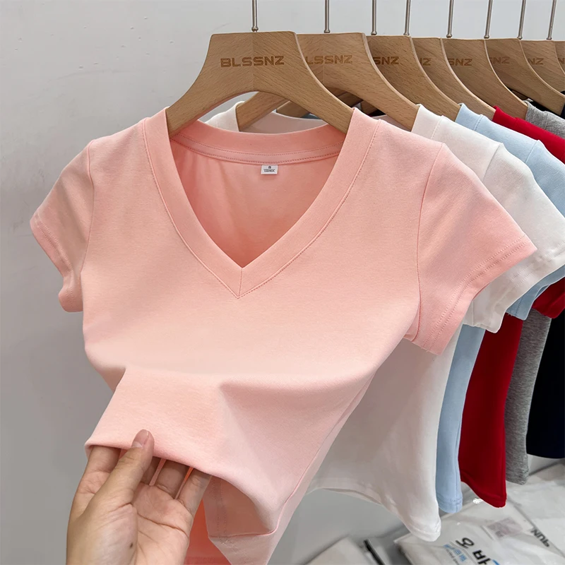 Zjaiss 2026 Sommer Sexy V-Ausschnitt Slim T-Shirt Damen Baumwolle Basic Einfarbig Crop Tops Weibliche Casual Tops Kurzarm T-Shirts