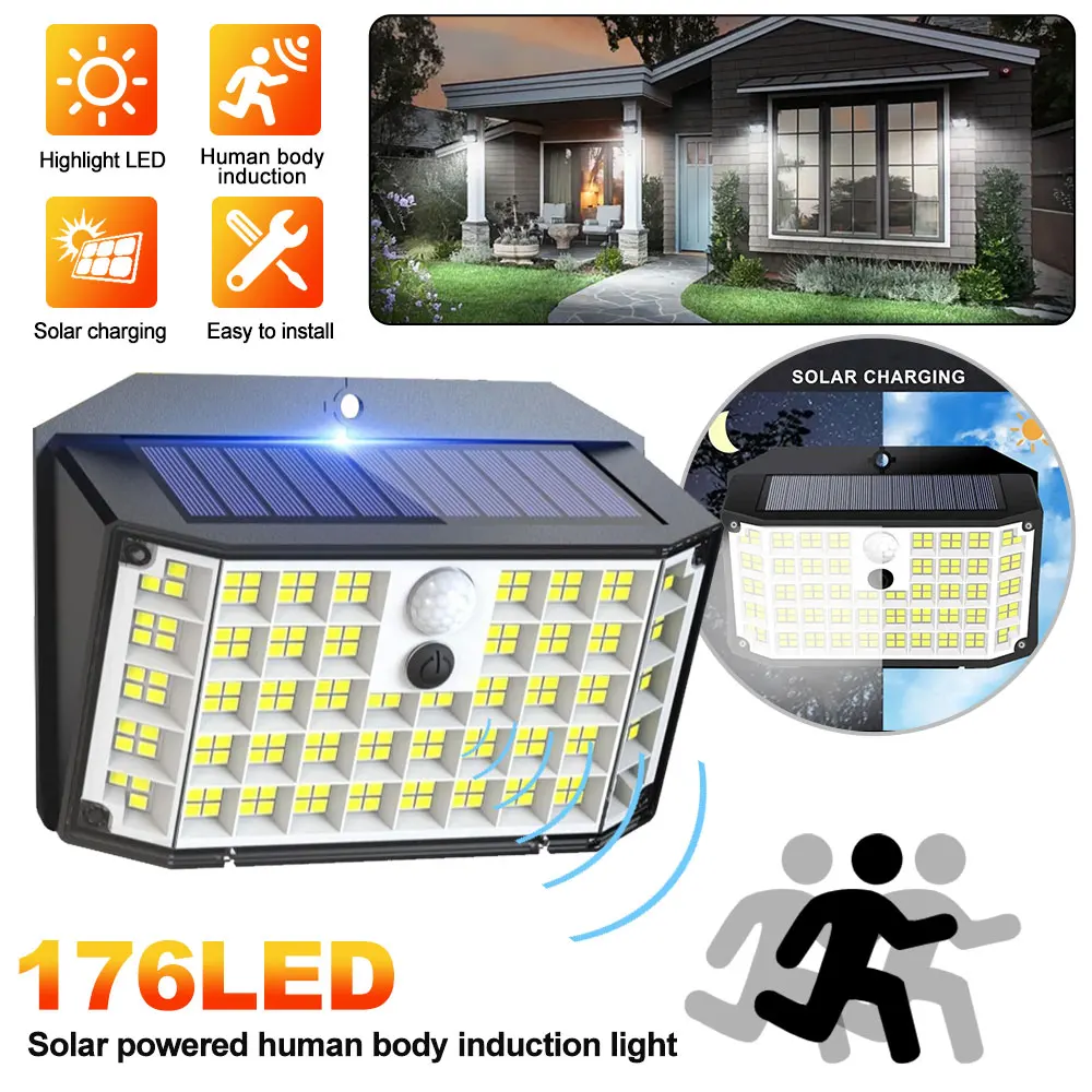 

176 LED Solar Outdoor Lights Solar Powered Motion Sensor Flood Lights IP65 Waterproof 3 Modes Wall Lamp For Outside Porch Yard