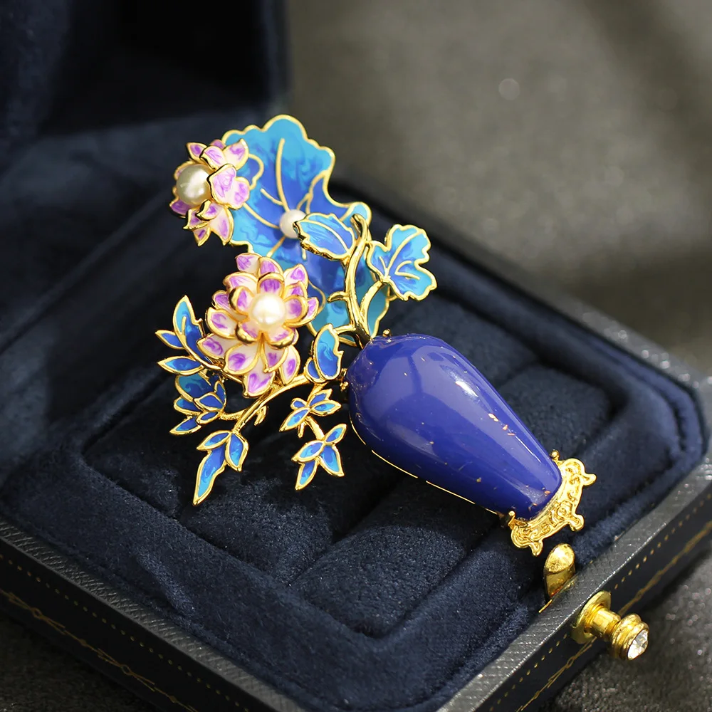 Chinese Style Elegant High-end Lapis Lazuli Vase Brooch Oil Dripping Peony Pearl Flower Jewelry Clothing Accessory for Women