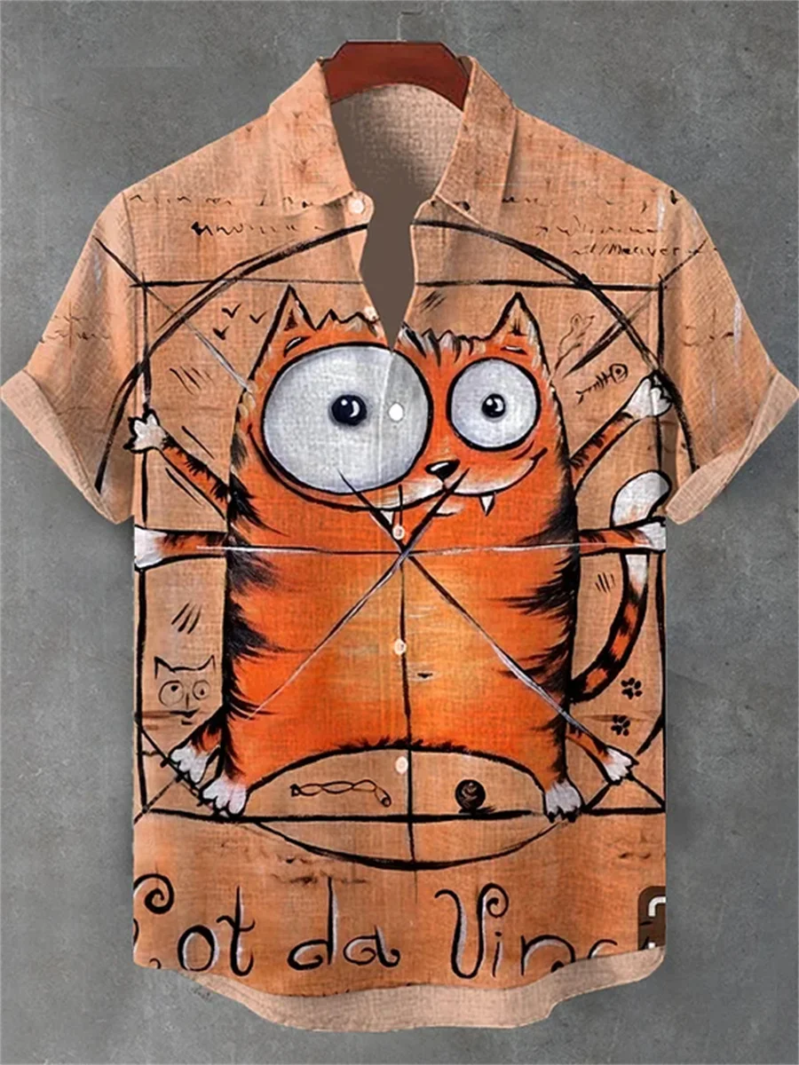 Men's short-sleeved shirt with cat and blue fish print, collared design, casual men's top, outdoor beach Hawaiian shirt.