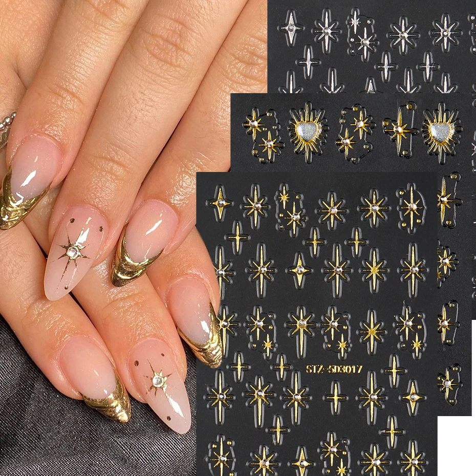 5D Golden Silvery Cross Star Nagelaufkleber Y2K Selbstklebende Abziehbilder Golden Bronzing & Herz Strass Designs für Maniküre Kunst