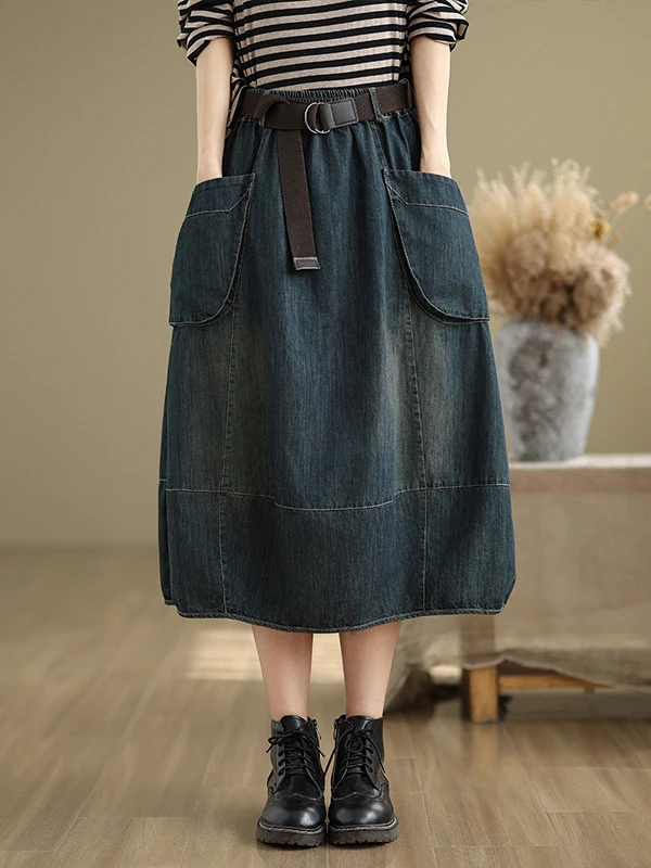 Saia Jeans Plus Size em A para Mulheres, Primavera e Outono, Cintura Elástica, Solta, Casual, Versátil, Crimento Médio, Co...