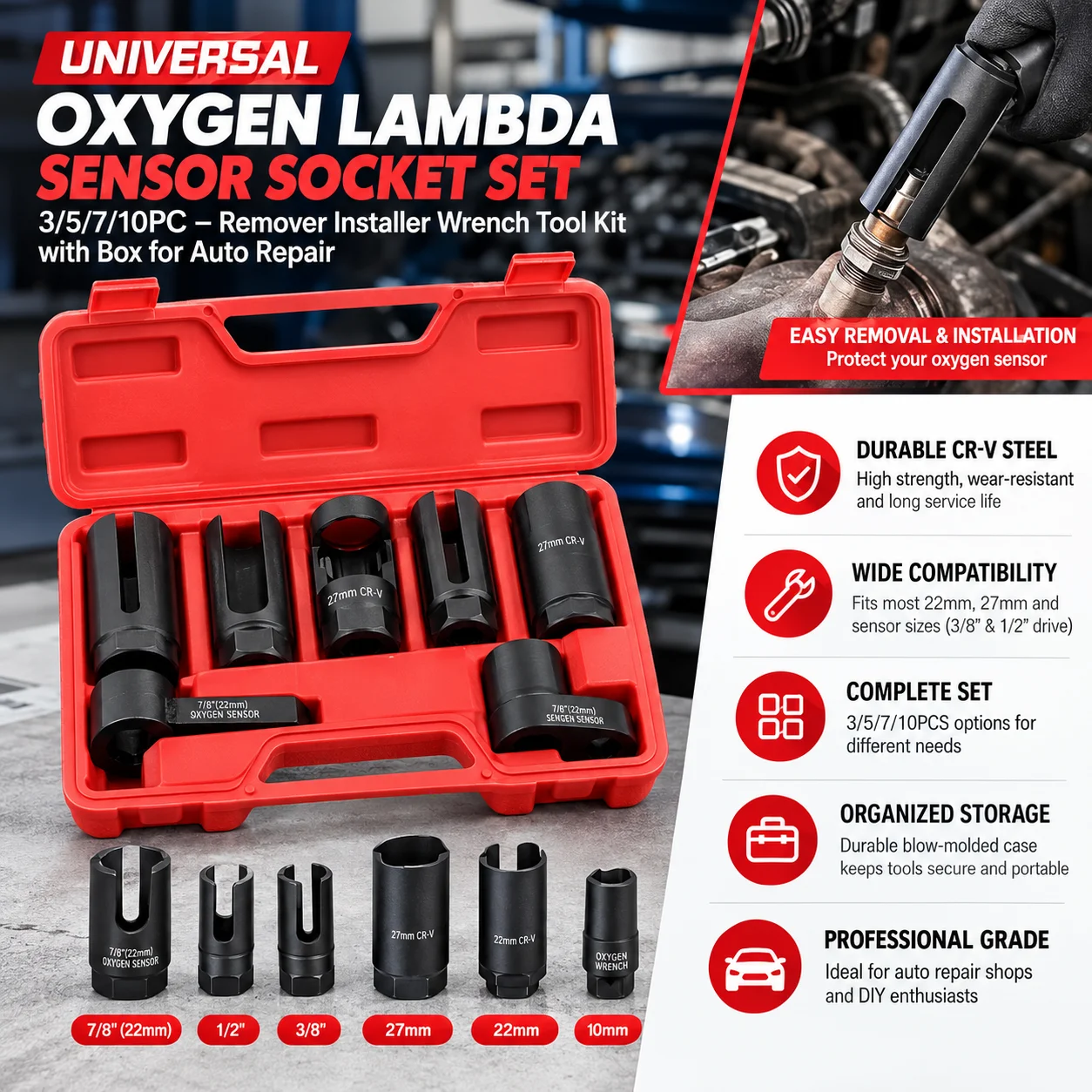 Universal O2 Oxygen Lambda Sensor Socket Set 3/5/7/10PC – Remover Installer Wrench Tool Kit with Box for Auto Repair
