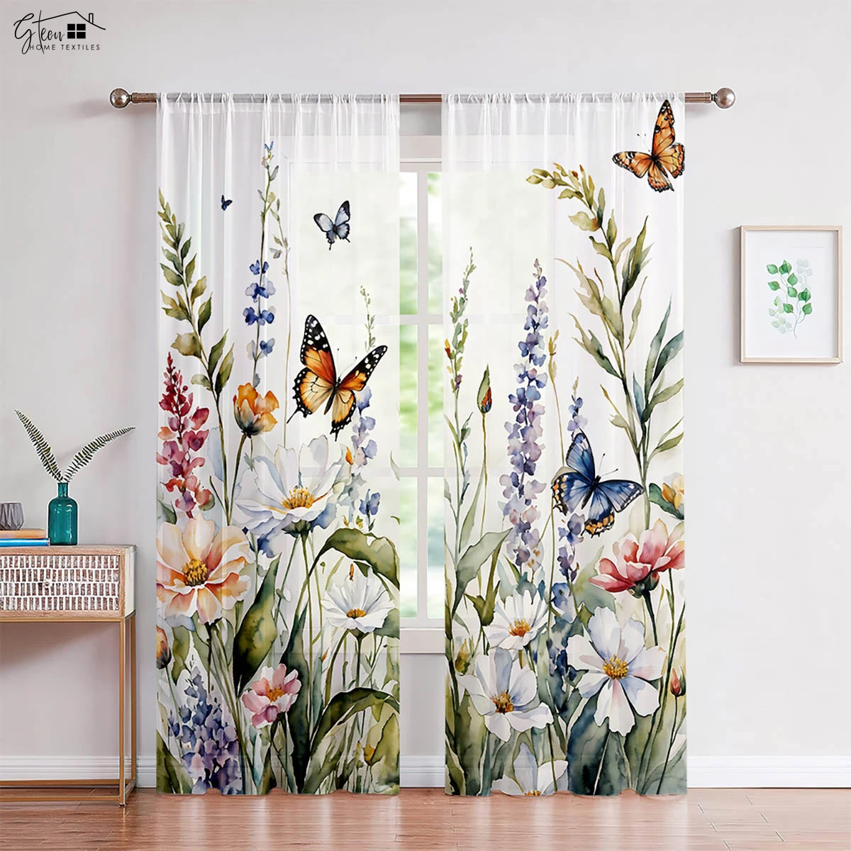 2-Piece Wooden Wisteria Flower Butterfly Print Curtains Pastoral Style Bedroom Living Room Study Kitchen Curtains