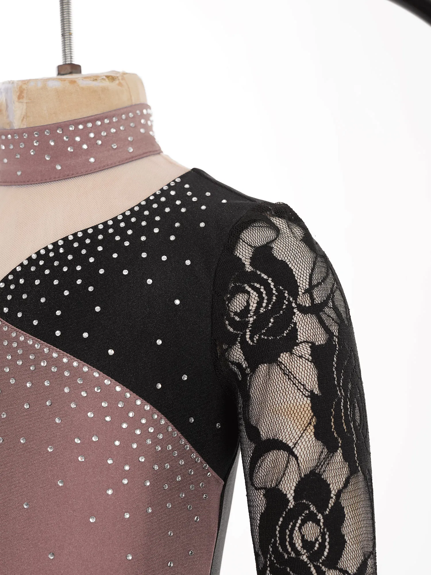 Teen Girls Figure Ice Skating Ballet Rhythmic Gymnastics Lyrical Dance Costume Long Sleeve Shiny Rhinestone Lace Leotard Dress