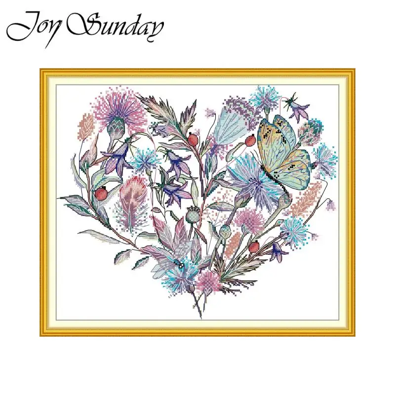 Joy Sunday Cross Stitch Kit Florid Heart HD Pattern Printed Counted Fabric Aida 16/14/11CT DIY Hand Embroidery Sets Home Decor