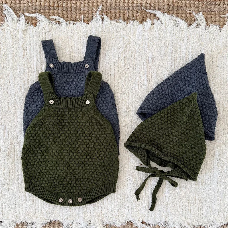 جديد ربيع 2026 رومبير محبوك للأطفال الأولاد والبنات رومبير للأطفال الرضع بدون أكمام بلون سادة بدلة محبوكة + قبعة ملابس أطفال #3