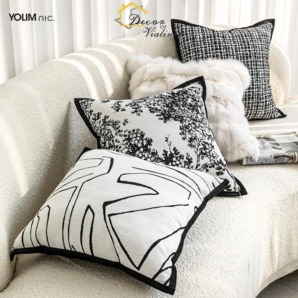 Nordic black and white line sofa cushion living room French bayberry tree chenille cushion sample room decoration cushion