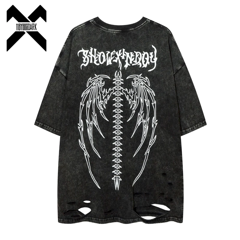 

Men Skeleton Wing Print T Shirt Hip Hop Streetwear Vintage Ripped Hole T Shirt Cotton 2023 Summer Harajuku Tshirt Tops Tees
