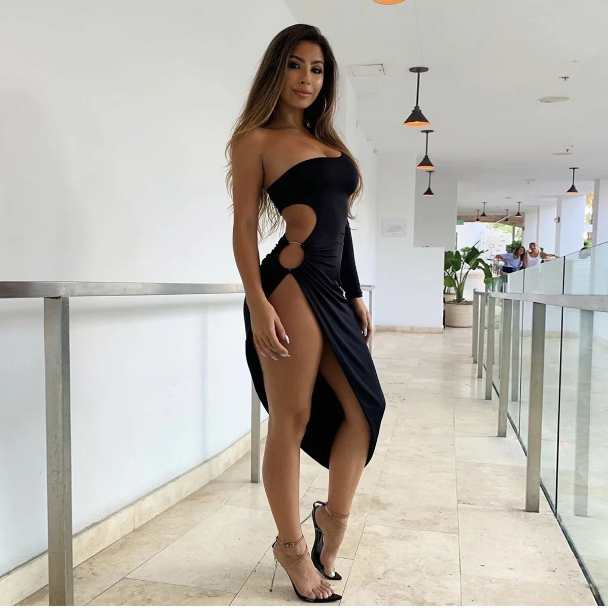 Sexy Elegant Dress Women One Shoulder Hollow Out High Split Dress Party Club Sexy Dresses Female Summer Fall