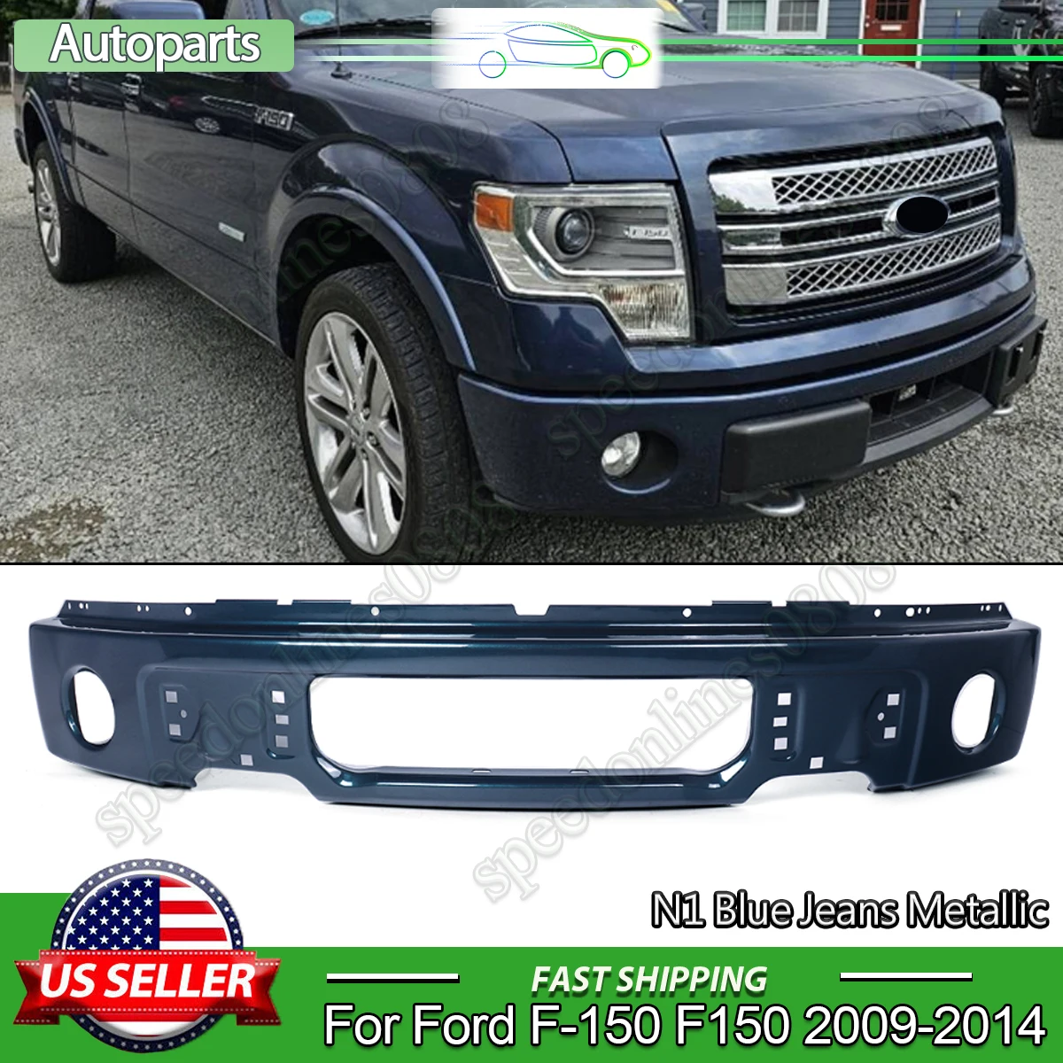 Front Bumper with Fog Lights Hole for Ford F150 2009-2014 Blue Jeans Metallic Front Surround Body Kit Front Bumper Face Cover