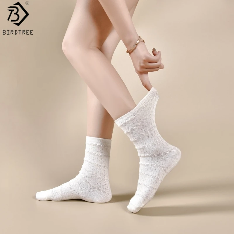Birdtree, 3 Pairs Silk Blended Socks, Women's Breathable Thin Soft Pile Socks, High Elastic, Spring Summer Autumn S69411JF