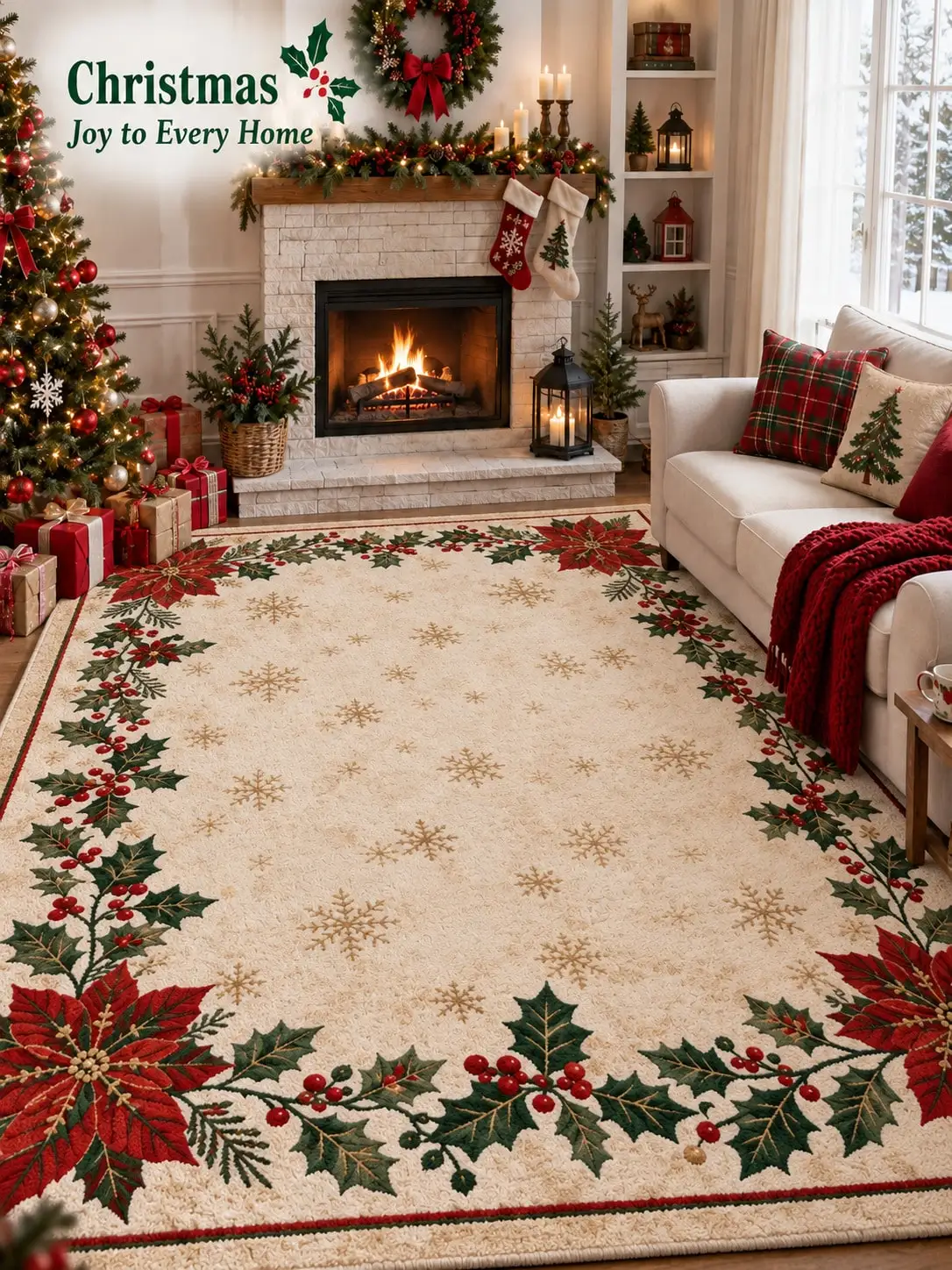 Christmas Flannel Area Rug Poinsettia Holly Snowflake Border Floor Carpet For Living Room Bedroom Entryway Hallway Dining Kitchen Home Decor Fireplace Porch Foyer Apartment House Give To Family Friends Sisters Neighbors Halloween Thanksgiving Gift