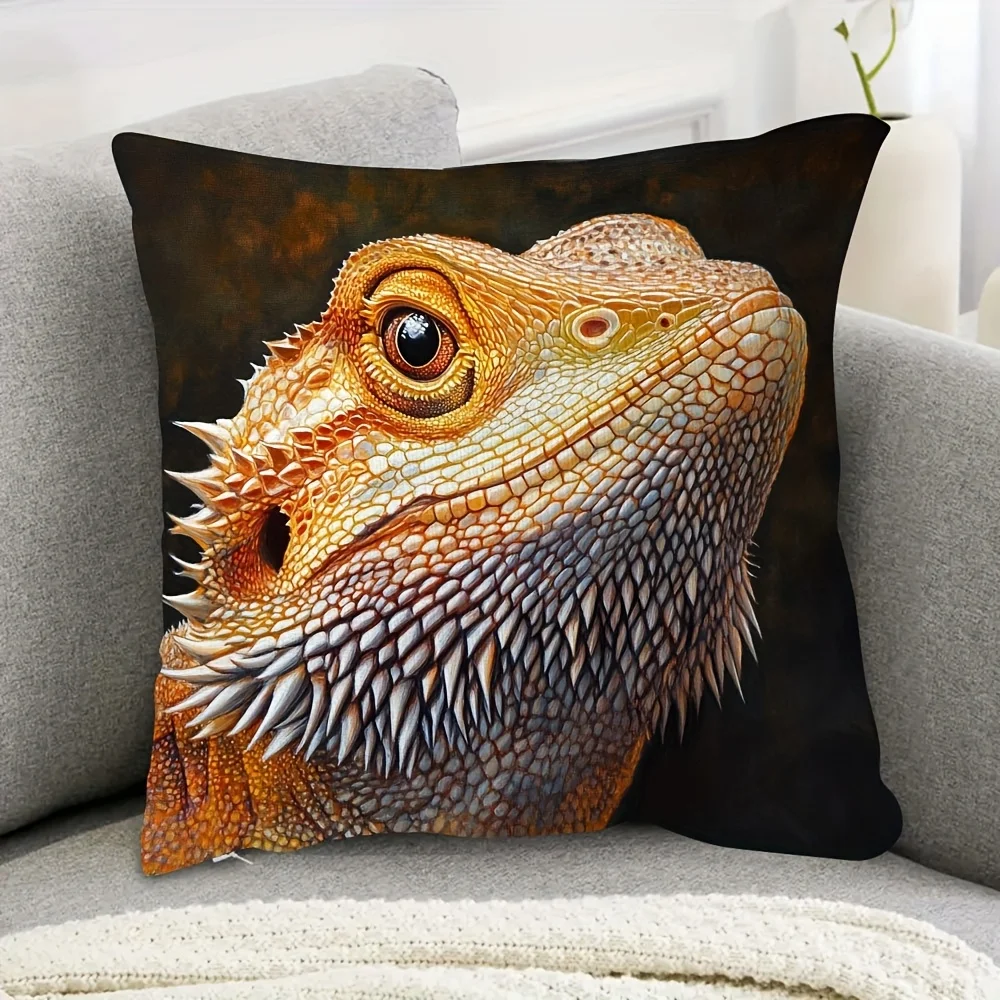 Double Sided Bearded Dragon Lizard Portrait Art Decorative Throw Pillow Case Reptile Theme Zip Cushion Cover for Sofa Home