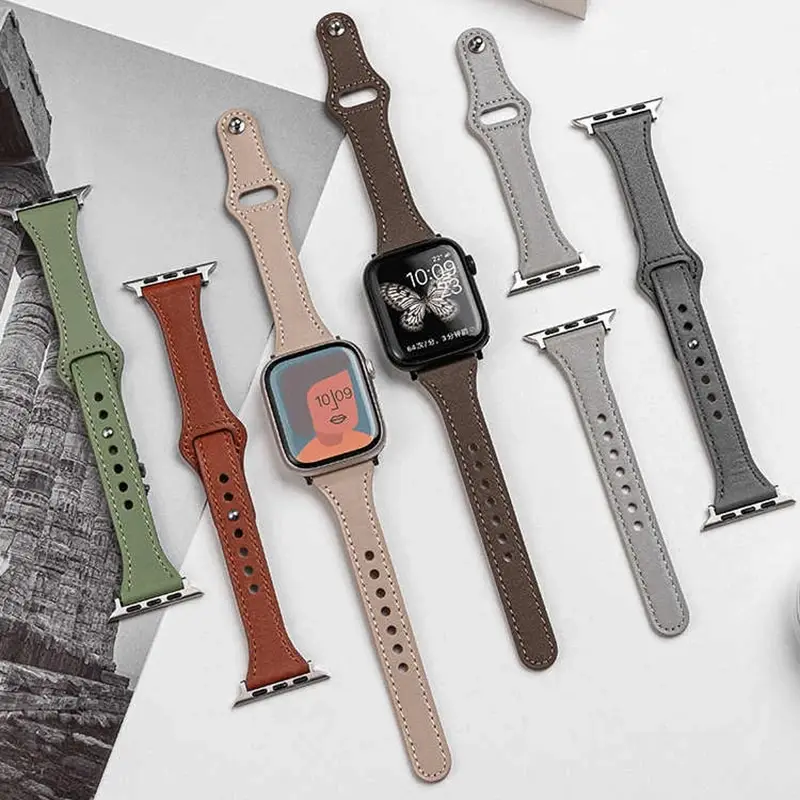 Slim Real Leather Band For Apple Watch 9 8 7 41/45mm Correa Girl Strap 40mm 44mm 38/42mm 49 Bracelet For IWatch Series SE 6 5 4