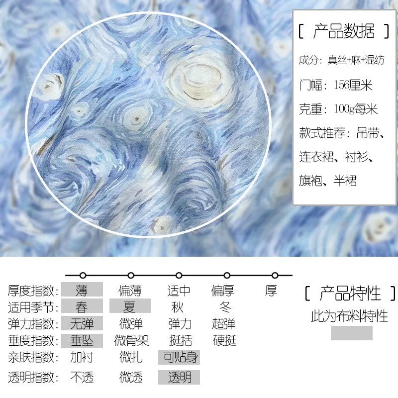 Semi-transparent starry blue printed silk linen dress fabric