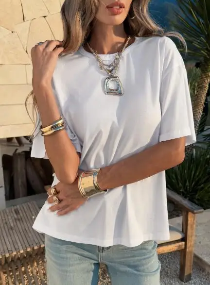 

Top Women 2026 Spring Summer New Loose Fit Round Neck Short Sleeve Solid Color Versatile Casual Daily T-Shirt Top