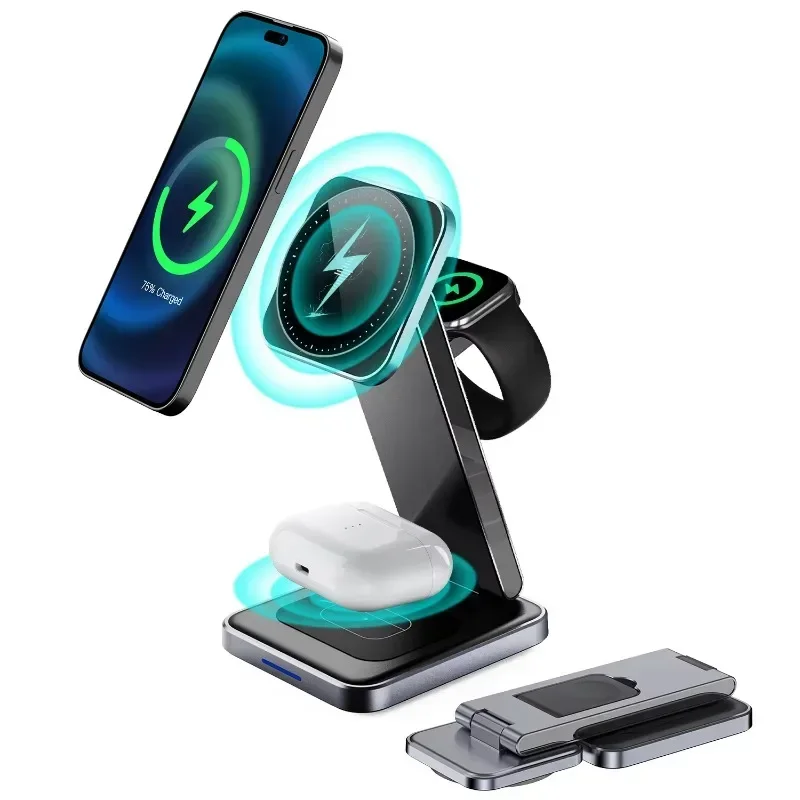 Folding 3 In 1 Wireless Charging Stand, Foldable Mobile Phone Charger Station Desktop Charging Adapter For iPhone & iWatch