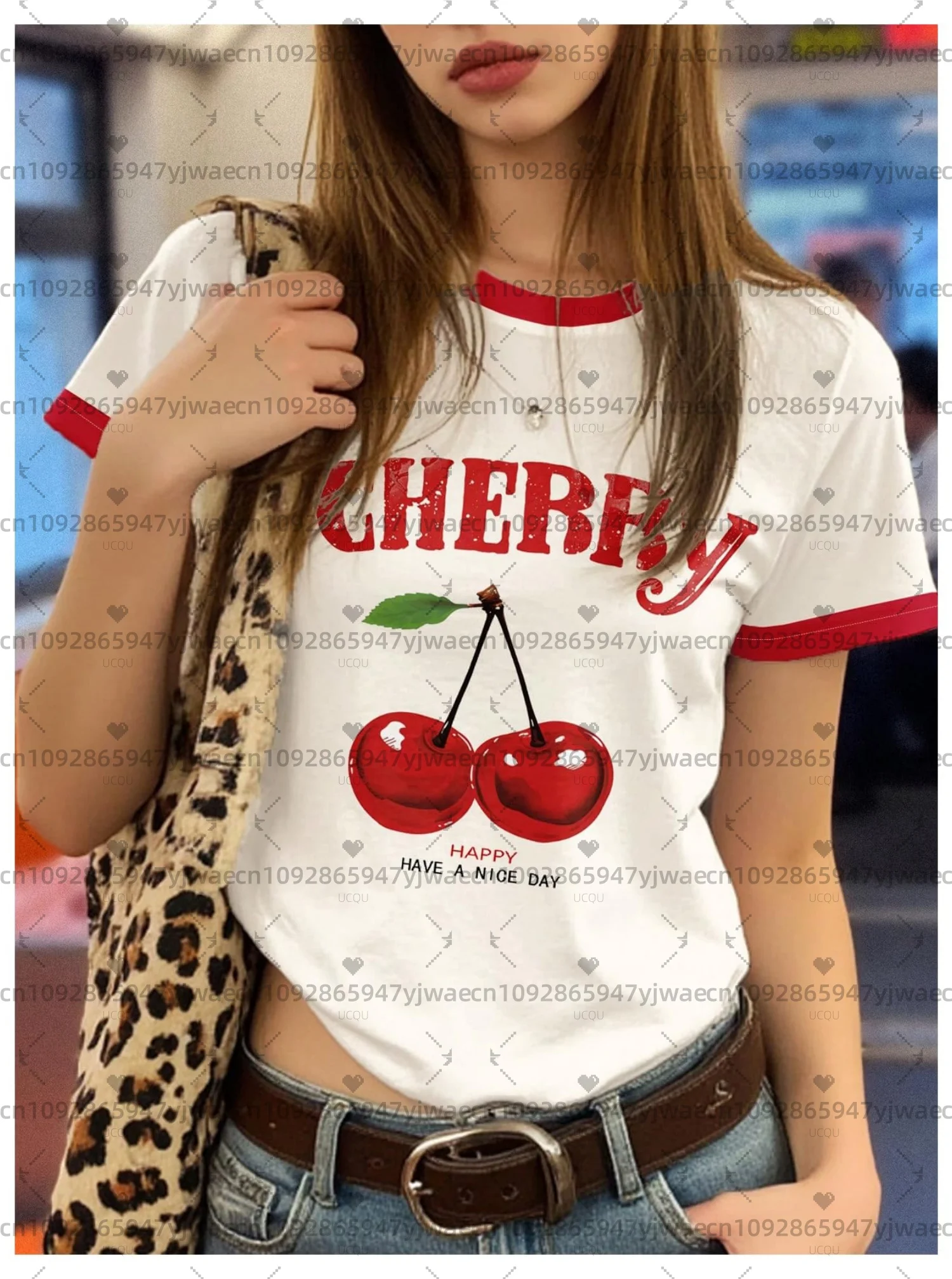 26 Womens Short Sleeve Color Block Have A Nice Day Cherry Print T Shirt Girl Round Neck Tee Outdoor Sports Adult Women's T-Shirt