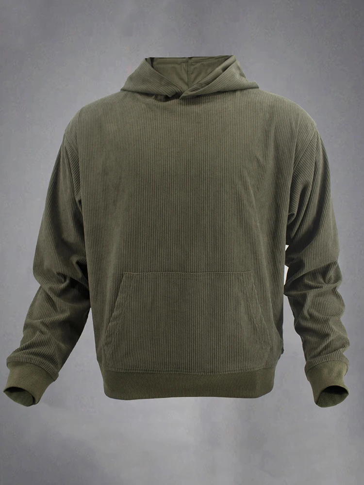 New Casual Mens Corduroy Hooded Sweatshirts Autumn Fashion Solid Color Ribbed Hoodies Men Stylish Long Sleeve Loose Hoodie Tops