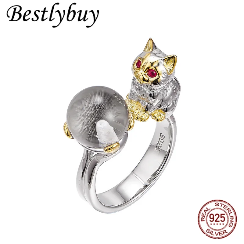 

NEW Cute 3D Cat Ring s925 Pure Silver Original Design Light Luxury Natural Crystal Jewelry Girlfriend Gift
