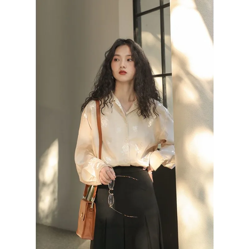 QWEEK Vintage Satin Long Sleeve Shirt Woman Korean Fashion Summer Blouses Old Money Style Loose Casual Chic Youthful Aesthetic