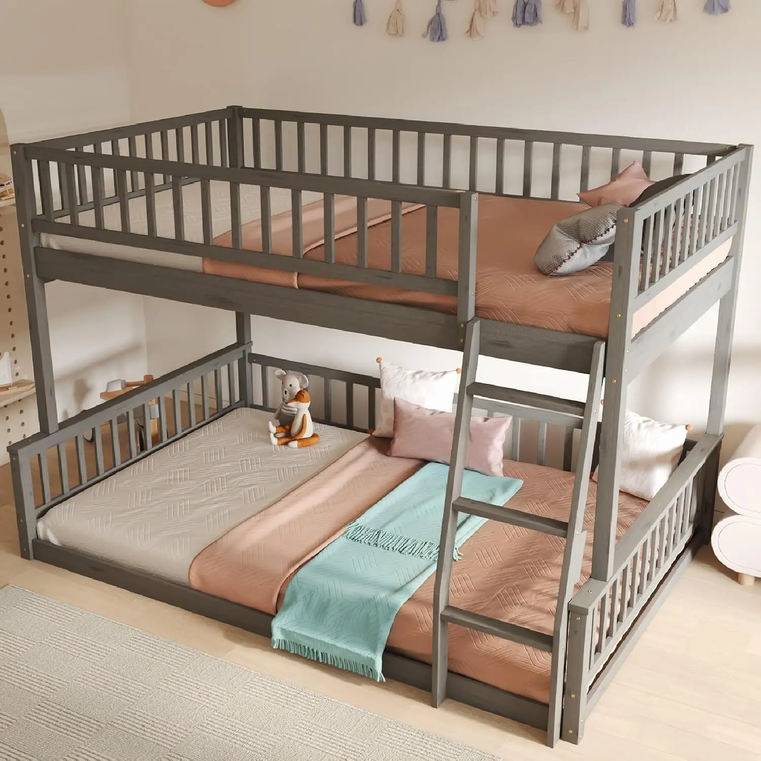 Full XL Over Queen Floor Bunk Bed Frame W/Ladder & Guardrails, Gray, Customized