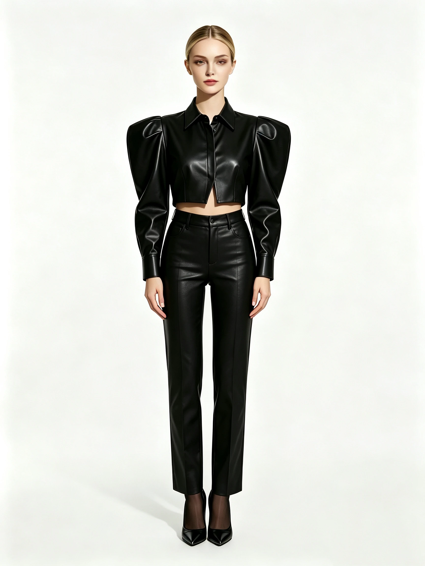 Women's Faux Leather 2-Piece Set with Puff Sleeve Crop Top and Straight Pants